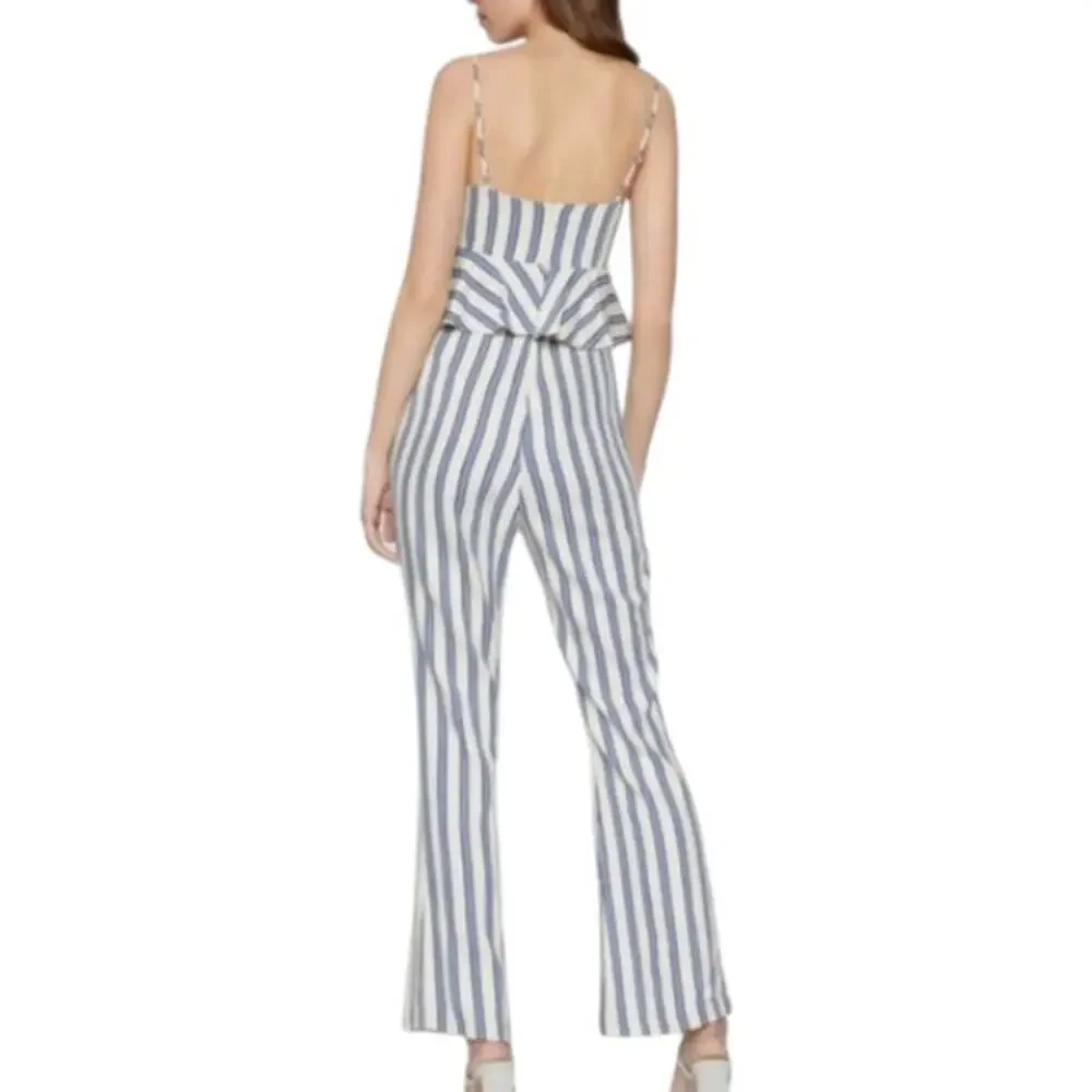 BCBGeneration Blue Striped Peplum Jumpsuit Size 12 NWT